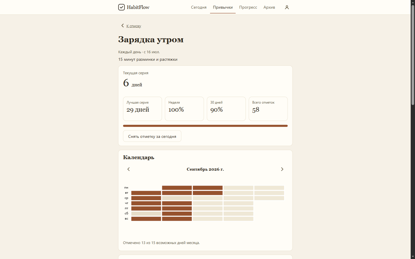 HabitFlow, карточка привычки